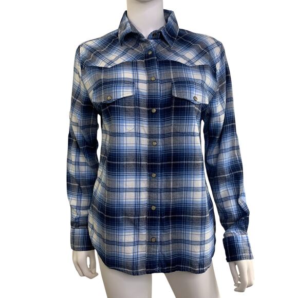 Jachs Girlfriend Womens Bea Flannel Shirt Size S Pearl Snap Western Blue Plaid - Picture 1 of 12